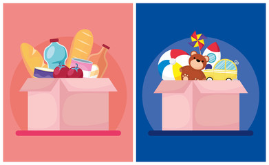 charity donation boxes with groceries and toys