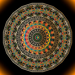 Colorful abstract round mandala pattern. Vector ornamental background. Glowing backdrop. Floral vintage 3d ornament. Ethnic tribal style design with circle frames, borders, shapes, flowers, leaves