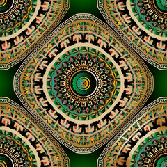 Colorful abstract 3d mandalas seamless pattern. Vector ornamental background. Glowing green backdrop. Floral vintage ornament. Ethnic tribal style design with frames, borders, shapes, flowers, leaves