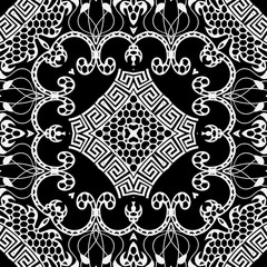 Lacy floral vector seamless pattern. Ornamental black and white background. Vintage greek ornament. Lace design. Elegance patterned ornate texture. Ethnic style abstract lace flowers, shapes, frames