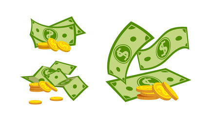 Money pile coin stack flat cartoon set. Gold coins heap, bank currency sign. Pocket money dollars cash bundle, green bill banknotes. Template for financial projects. Isolated vector illustration