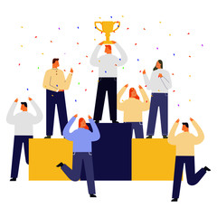 People stand on the podium first, second and third place design concept.