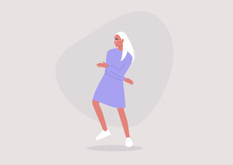 Emotions expression, young female character dancing at the party, millennial lifestyle