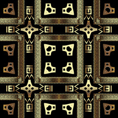 Gold 3d greek vector seamless pattern. Geometric shapes, square frames, symbols background. Repeat ornamental backdrop. Zigzag lines, greek key meanders. Ancient tribal ethnic style ornate design