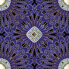 Floral vector seamless pattern. Ornamental modern background. Violet abstract flowers, leaves. Geometric repeat backdrop. Greek key meanders ornament. Ornate greek mandalas, Symmetric elegant design