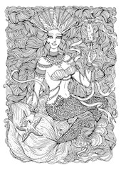 Vector drawing fantastic sea mermaid with developing long wavy hair. Sea Queen with a crown holds a patterned magic mirror.  Ornamental decorated graphic illustration Fairy tale mythical characters. 