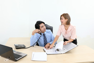 Obraz premium Asian young man woman malay chinese office confident happy sit stand phone talk show see document file folder