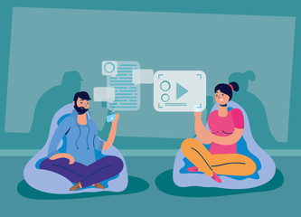 couple using smartphones technology characters