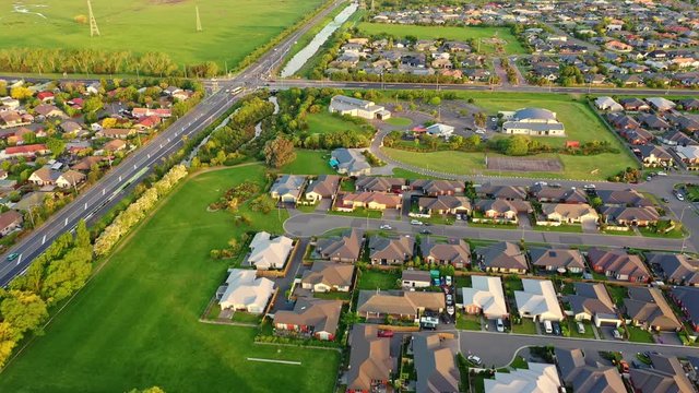 Aerial Shot Of Beautiful Townscape In New Zealand: Orderly Houses And Roads