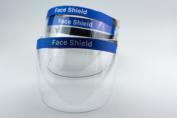 Medical face shield, transparent plastic helmet.