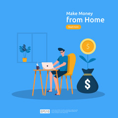 freelancer sitting at home. employer office workplace desk working with laptop. make money from home concept. Flat cartoon vector illustration with people character