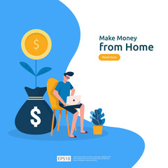 freelancer sitting at home. employer office workplace desk working with laptop. make money from home concept. Flat cartoon vector illustration with people character