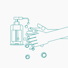 Editable Vector Illustration of Sanitizing Hands in Outline Style for Artwork Element of Healthcare and Medical Related Design