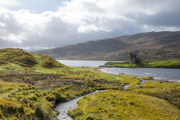 Fototapeta na wymiar Scenery of Loch Assynt with Ardvreck Castle Ruin in Sutherland, Scotland
