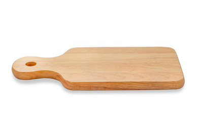 Top view of Wood cutting board with handles and hole for hanging.  Handmade wooden chopping boards made from hardwood for cooking on white background with clipping path.