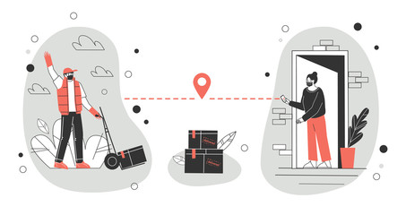 Contactless delivery concept illustration. A courier wearing a protective medical mask and gloves delivers parcels at a safe distance to protect form covid-19 or coronavirus. Flat vector illustration.