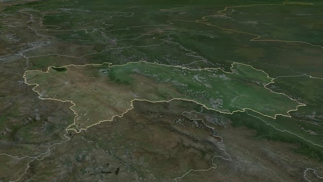 Jun&iacute;n, region with its capital, zoomed and extruded on the satellite map of Peru in the conformal Stereographic projection. Animation 3D