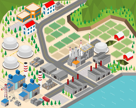 biofuel energy, biofuel power plant in isometric graphic