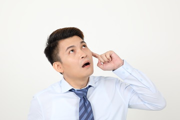 South east Asian chinese Man facial expression thinking finger on forehead