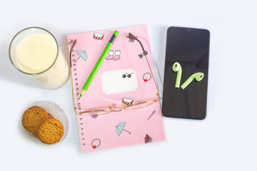 Breakfast, almond cookies, milk, ready to eat in the morning