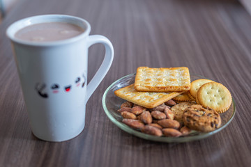 Breakfast, almond cookies, milk, ready to eat in the morning