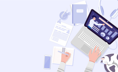 Online education, Illustration of a man having video conference at home. Vector