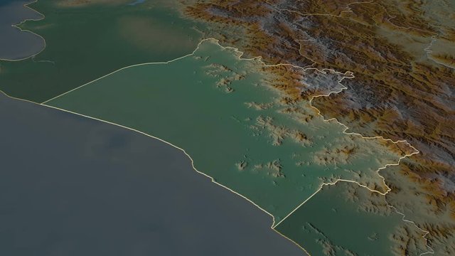 Lambayeque, region with its capital, zoomed and extruded on the relief map of Peru in the conformal Stereographic projection. Animation 3D