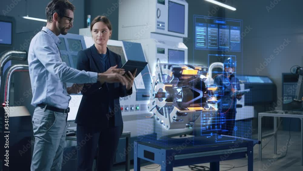 Poster factory office facility: chief engineer holds tablet computer, shows augmented reality model of an e