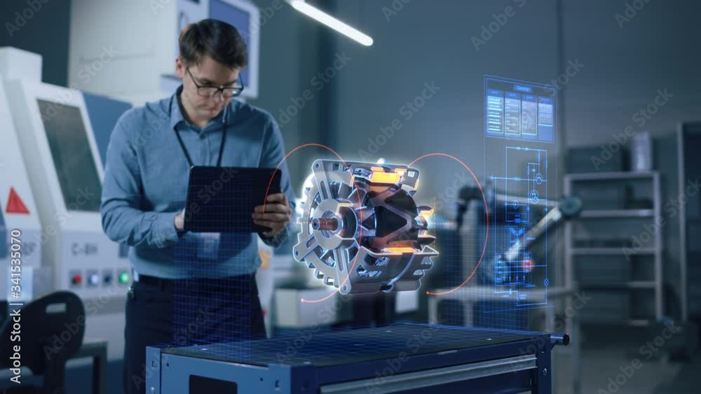 Aufkleber factory office facility: chief engineer developer holds tablet computer, examins augmented reality m