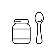 Set of baby food jar with separate spoon. Linear icon of complementary foods. Black simple illustration of ready purees in glass bottle. Contour isolated vector image on white background
