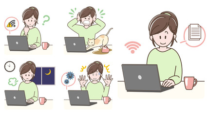 テレワークをする若い女性_セット