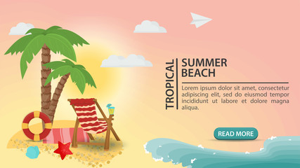 banner advertising summer vacation lounge chair under palm trees on a sandy beach for design design flat vector illustration