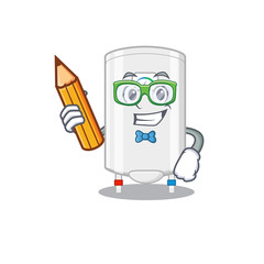 A brainy student gas water heater cartoon character with pencil and glasses