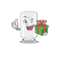 Smiling gas water heater cartoon character having a green gift box