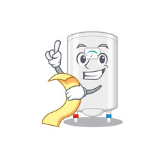 Gas water heater mascot character design with a menu on his hand