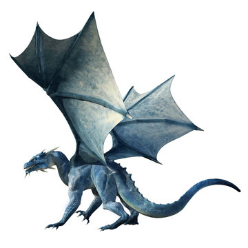A blue dragon, a beast of myth and legend. Scaly and serpentine with bat-like wings, blues are known for spitting lightning. On a white background. 3D Rendering