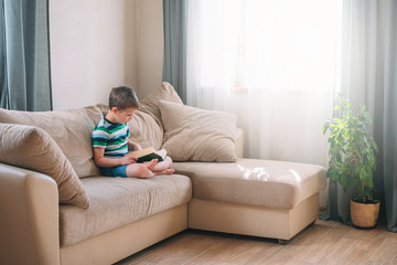 Boy reading a book at home on sofa. Distance learning education. Digital detox.