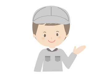 A man in work clothes guiding with a smile.