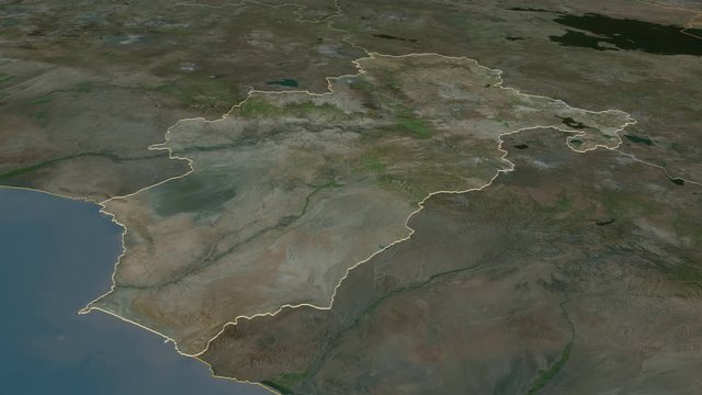 Moquegua, region with its capital, zoomed and extruded on the satellite map of Peru in the conformal Stereographic projection. Animation 3D