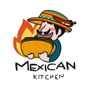 Mexican kitchen logo, man with taco cartoon vector illustration