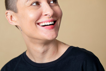 Cool happy skinhead woman