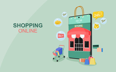 Shopping online concept for flat design, online trading for web page, website, template and background, vector illustration about shopping online