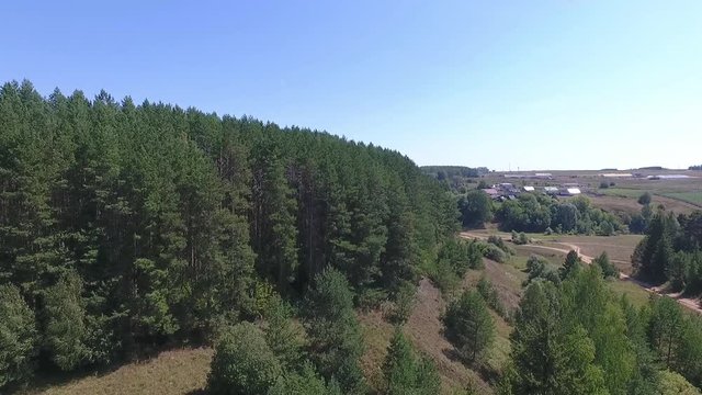 Russian Village beyond the Forest. Landscape with Bird's-eye
