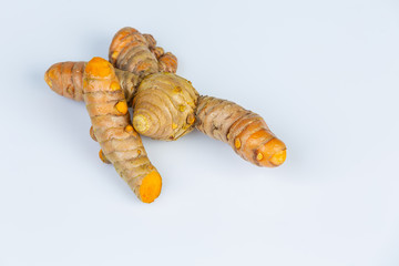 Turmeric roots on white background