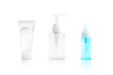 Various types of alcohol sanitizer hand with both pump, squeeze and spray isolated on white background.