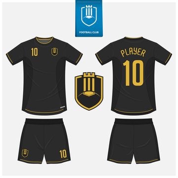 Soccer jersey or football kit mockup template design for sport club. Football t-shirt sport, shorts mock up. Soccer uniform in front view, back view . Football logo in flat design. Vector Illustration