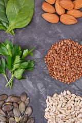 Products and ingredients as best nutritious food for healthy thyroid. Natural eating containing vitamins