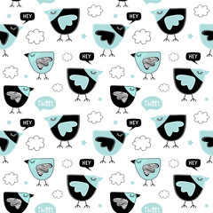 Seamless pattern with cute blue birds.