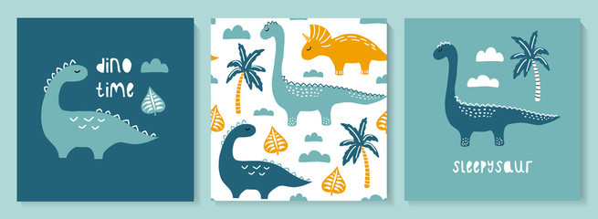 A set with hand drawn dino in scandinavian style.