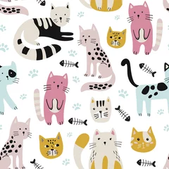 Wall murals Cats Seamless childish pattern with cute cats .
